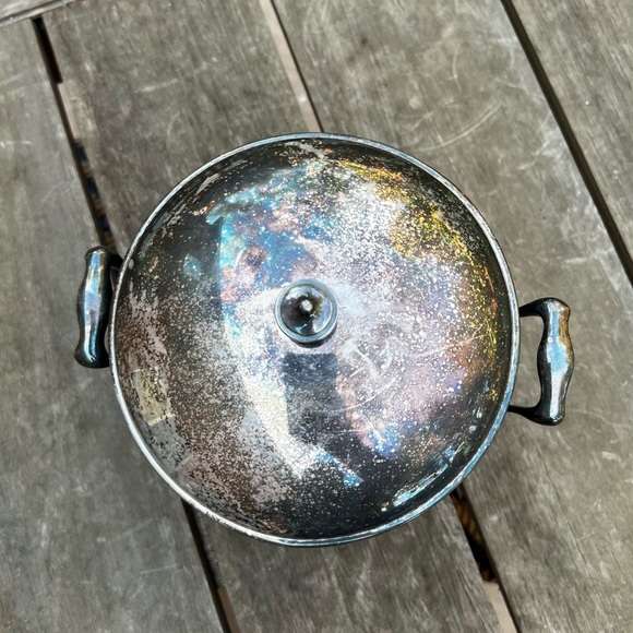 Vintage Silver Plate Crescent White Glass Lined Ice Bucket Rainbow Patina - Picture 3 of 9